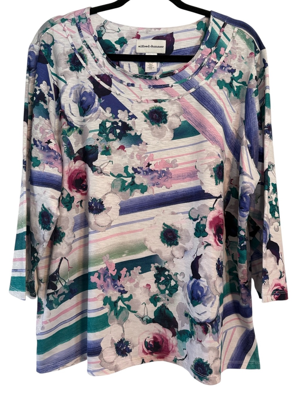 Alfred Dunner Colorful Floral Patterned 3/4 Sleeve Top